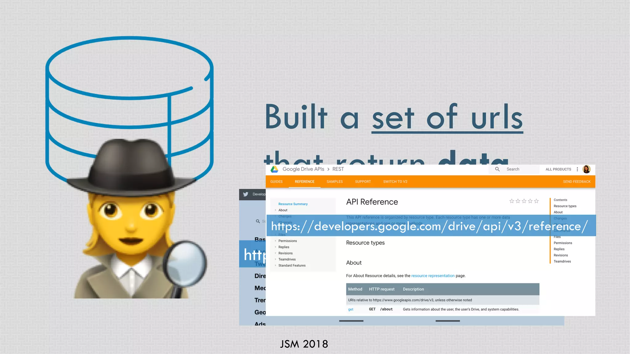 JSM 2018
Built a set of urls
that return data
https://developer.twitter.com/en/docs.html
https://developers.google.com/drive/api/v3/reference/
 