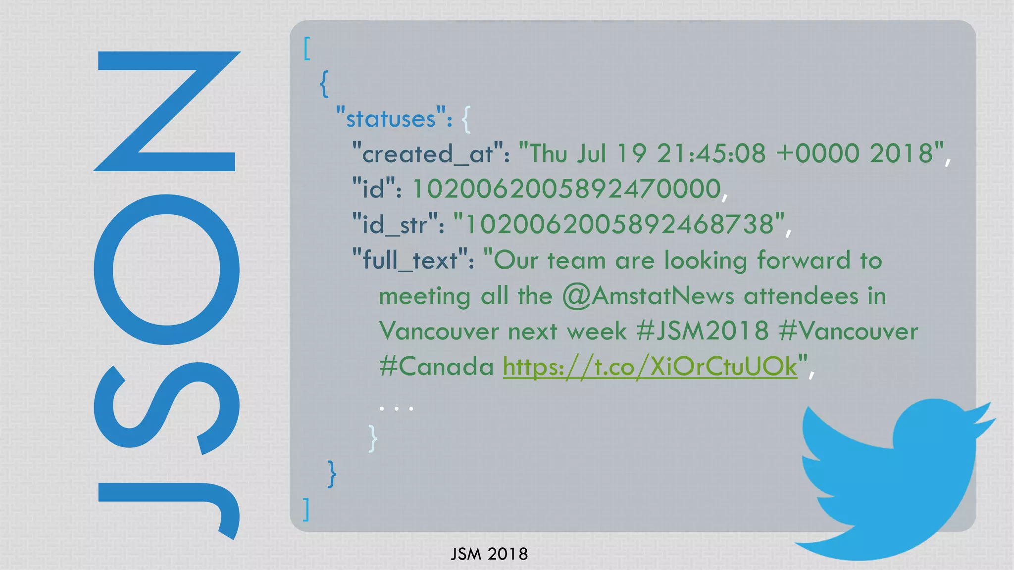 JSM 2018
JSON
[
{
"statuses": {
"created_at": "Thu Jul 19 21:45:08 +0000 2018",
"id": 1020062005892470000,
"id_str": "1020062005892468738",
"full_text": "Our team are looking forward to
meeting all the @AmstatNews attendees in
Vancouver next week #JSM2018 #Vancouver
#Canada https://t.co/XiOrCtuUOk",
. . .
}
}
]
 