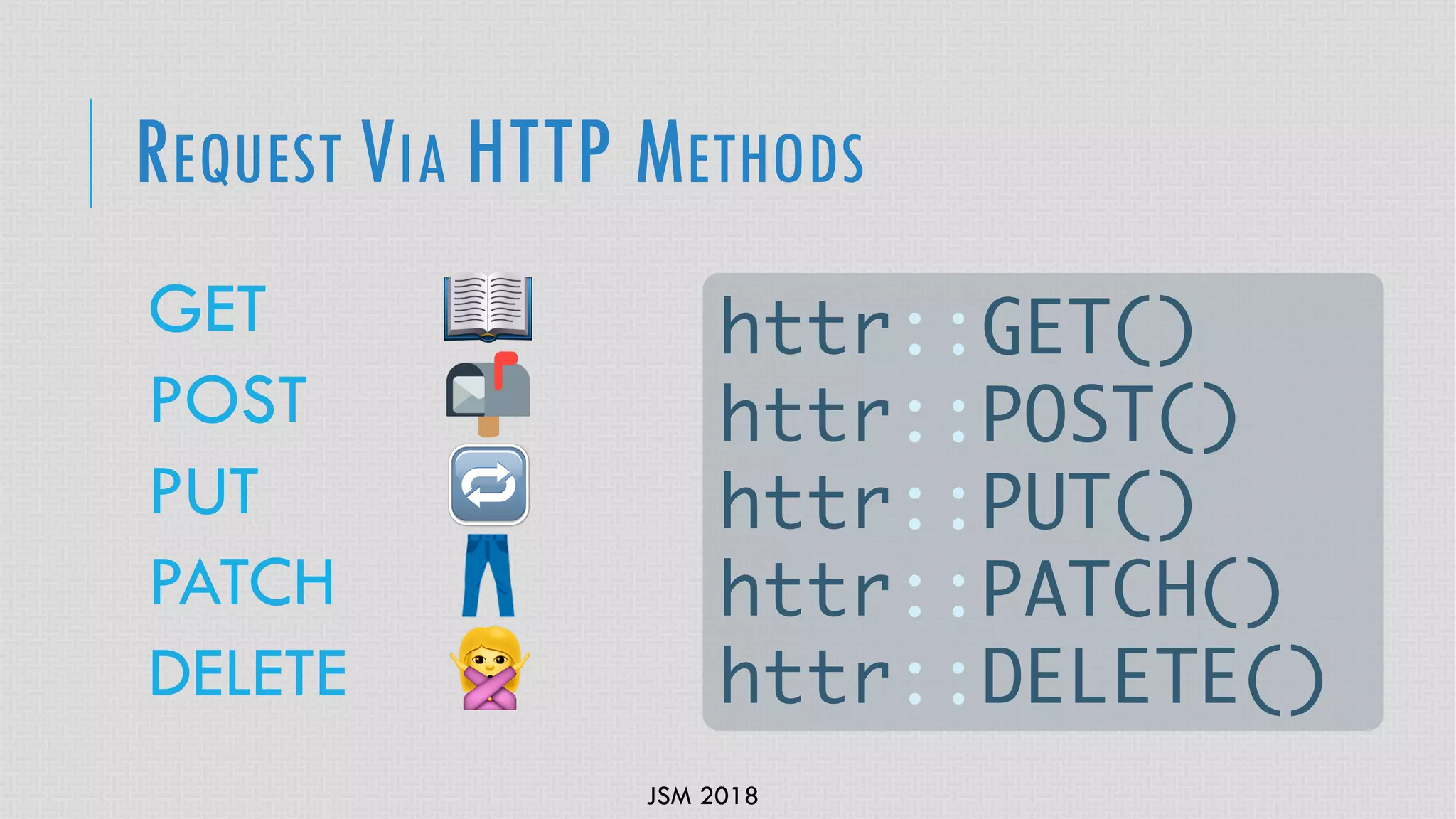 JSM 2018
REQUEST VIA HTTP METHODS
GET
POST
PUT
PATCH
DELETE
httr::GET()
httr::POST()
httr::PUT()
httr::PATCH()
httr::DELETE()
 
