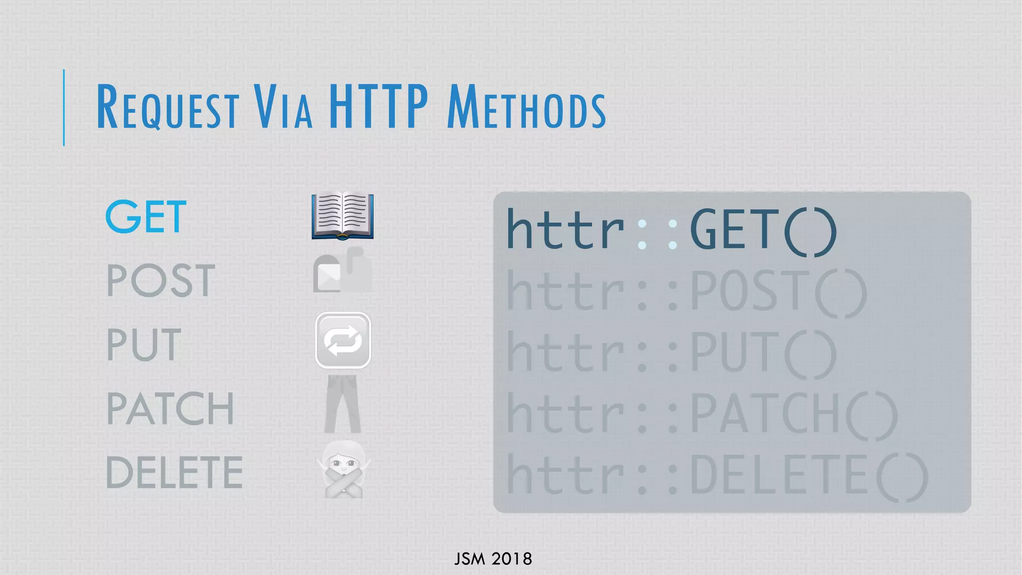 JSM 2018
REQUEST VIA HTTP METHODS
GET
POST
PUT
PATCH
DELETE
httr::GET()
httr::POST()
httr::PUT()
httr::PATCH()
httr::DELETE()
 