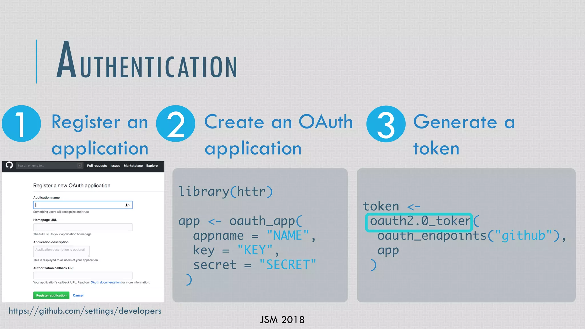 JSM 2018
AUTHENTICATION
1 2Register an
application
Create an OAuth
application
3 Generate a
token
library(httr)
app <- oauth_app(
appname = "NAME",
key = "KEY",
secret = "SECRET"
)
token <-
oauth2.0_token(
oauth_endpoints("github"),
app
)
https://github.com/settings/developers
 