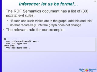 102
Inference: let us be formal…
•
The RDF Semantics document has a list of (33)
entailment rules:
•
“if such and such triples are in the graph, add this and this”
•
do that recursively until the graph does not change
•
The relevant rule for our example:
If:
uuu rdfs:subClassOf xxx .
vvv rdf:type uuu .
Then add:
vvv rdf:type xxx .
If:
uuu rdfs:subClassOf xxx .
vvv rdf:type uuu .
Then add:
vvv rdf:type xxx .
 