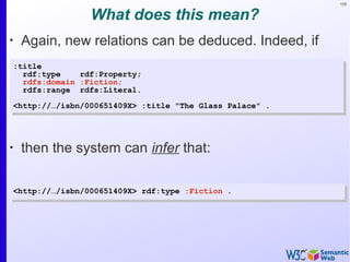 105
What does this mean?
•
Again, new relations can be deduced. Indeed, if
:title
rdf:type rdf:Property;
rdfs:domain :Fiction;
rdfs:range rdfs:Literal.
<http://…/isbn/000651409X> :title "The Glass Palace" .
:title
rdf:type rdf:Property;
rdfs:domain :Fiction;
rdfs:range rdfs:Literal.
<http://…/isbn/000651409X> :title "The Glass Palace" .
•
then the system can infer that:
<http://…/isbn/000651409X> rdf:type :Fiction .<http://…/isbn/000651409X> rdf:type :Fiction .
 