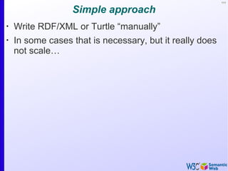 111
Simple approach
•
Write RDF/XML or Turtle “manually”
•
In some cases that is necessary, but it really does
not scale…
 