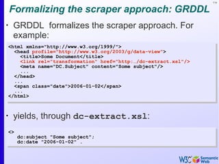 114
Formalizing the scraper approach: GRDDL
•
GRDDL formalizes the scraper approach. For
example:
<html xmlns="http://www.w3.org/1999/">
<head profile="http://www.w3.org/2003/g/data-view">
<title>Some Document</title>
<link rel="transformation" href="http:…/dc-extract.xsl"/>
<meta name="DC.Subject" content="Some subject"/>
...
</head>
...
<span class="date">2006-01-02</span>
...
</html>
<html xmlns="http://www.w3.org/1999/">
<head profile="http://www.w3.org/2003/g/data-view">
<title>Some Document</title>
<link rel="transformation" href="http:…/dc-extract.xsl"/>
<meta name="DC.Subject" content="Some subject"/>
...
</head>
...
<span class="date">2006-01-02</span>
...
</html>
•
yields, through dc-extract.xsl:
<>
dc:subject "Some subject";
dc:date "2006-01-02" .
<>
dc:subject "Some subject";
dc:date "2006-01-02" .
 