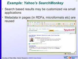 119
Example: Yahoo’s SearchMonkey
•
Search based results may be customized via small
applications
•
Metadata in pages (in RDFa, microformats etc) are
reused
Courtesy of Peter Mika, Yahoo! Research, (SWEO Case Study)
 