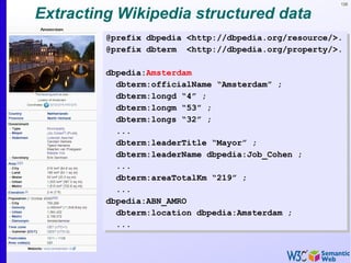 126
Extracting Wikipedia structured data
@prefix dbpedia <http://dbpedia.org/resource/>.
@prefix dbterm <http://dbpedia.org/property/>.
dbpedia:Amsterdam
dbterm:officialName “Amsterdam” ;
dbterm:longd “4” ;
dbterm:longm “53” ;
dbterm:longs “32” ;
...
dbterm:leaderTitle “Mayor” ;
dbterm:leaderName dbpedia:Job_Cohen ;
...
dbterm:areaTotalKm “219” ;
...
dbpedia:ABN_AMRO
dbterm:location dbpedia:Amsterdam ;
...
@prefix dbpedia <http://dbpedia.org/resource/>.
@prefix dbterm <http://dbpedia.org/property/>.
dbpedia:Amsterdam
dbterm:officialName “Amsterdam” ;
dbterm:longd “4” ;
dbterm:longm “53” ;
dbterm:longs “32” ;
...
dbterm:leaderTitle “Mayor” ;
dbterm:leaderName dbpedia:Job_Cohen ;
...
dbterm:areaTotalKm “219” ;
...
dbpedia:ABN_AMRO
dbterm:location dbpedia:Amsterdam ;
...
 