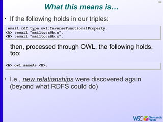 155
What this means is…
•
If the following holds in our triples:
:email rdf:type owl:InverseFunctionalProperty.
<A> :email "mailto:a@b.c".
<B> :email "mailto:a@b.c".
:email rdf:type owl:InverseFunctionalProperty.
<A> :email "mailto:a@b.c".
<B> :email "mailto:a@b.c".
•
I.e., new relationships were discovered again
(beyond what RDFS could do)
<A> owl:sameAs <B>.<A> owl:sameAs <B>.
then, processed through OWL, the following holds,
too:
 