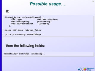 166
Possible usage…
If:
<something> rdf:type :Currency .<something> rdf:type :Currency .
then the following holds:
:Listed_Price rdfs:subClassOf [
rdf:type owl:Restriction;
owl:onProperty p:currency;
owl:allValuesFrom :Currency.
].
:price rdf:type :Listed_Price .
:price p:currency <something> .
:Listed_Price rdfs:subClassOf [
rdf:type owl:Restriction;
owl:onProperty p:currency;
owl:allValuesFrom :Currency.
].
:price rdf:type :Listed_Price .
:price p:currency <something> .
 