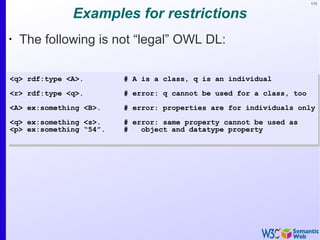 173
Examples for restrictions
•
The following is not “legal” OWL DL:
<q> rdf:type <A>. # A is a class, q is an individual
<r> rdf:type <q>. # error: q cannot be used for a class, too
<A> ex:something <B>. # error: properties are for individuals only
<q> ex:something <s>. # error: same property cannot be used as
<p> ex:something “54”. # object and datatype property
<q> rdf:type <A>. # A is a class, q is an individual
<r> rdf:type <q>. # error: q cannot be used for a class, too
<A> ex:something <B>. # error: properties are for individuals only
<q> ex:something <s>. # error: same property cannot be used as
<p> ex:something “54”. # object and datatype property
 
