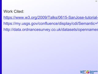 195
Work Cited:
https://www.w3.org/2009/Talks/0615-SanJose-tutorial-
https://my.usgs.gov/confluence/display/cdi/Semantic+W
http://data.ordnancesurvey.co.uk/datasets/opennames
 
