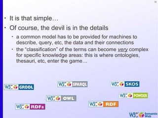 52
•
It is that simple…
•
Of course, the devil is in the details
•
a common model has to be provided for machines to
describe, query, etc, the data and their connections
•
the “classification” of the terms can become very complex
for specific knowledge areas: this is where ontologies,
thesauri, etc, enter the game…
 