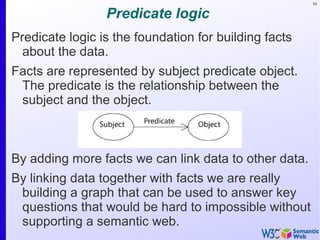 55
Predicate logic
Predicate logic is the foundation for building facts
about the data.
Facts are represented by subject predicate object.
The predicate is the relationship between the
subject and the object.
By adding more facts we can link data to other data.
By linking data together with facts we are really
building a graph that can be used to answer key
questions that would be hard to impossible without
supporting a semantic web.
 