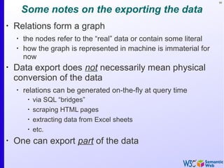 58
Some notes on the exporting the data
•
Relations form a graph
•
the nodes refer to the “real” data or contain some literal
•
how the graph is represented in machine is immaterial for
now
•
Data export does not necessarily mean physical
conversion of the data
•
relations can be generated on-the-fly at query time
•
via SQL “bridges”
•
scraping HTML pages
•
extracting data from Excel sheets
•
etc.
•
One can export part of the data
 