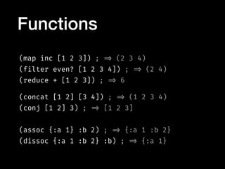 (map inc [1 2 3]) ; => (2 3 4)
(filter even? [1 2 3 4]) ; => (2 4)
(reduce + [1 2 3]) ; => 6 
 
(concat [1 2] [3 4]) ; => (1 2 3 4)
(conj [1 2] 3) ; => [1 2 3]
(assoc {:a 1} :b 2) ; => {:a 1 :b 2}
(dissoc {:a 1 :b 2} :b) ; => {:a 1}
Functions
 