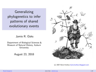 Generalizing
phylogenetics to infer
patterns of shared
evolutionary events
Jamie R. Oaks
Department of Biological Sciences &
Museum of Natural History, Auburn
University
August 23, 2018
c 2007 Boris Kulikov boris-kulikov.blogspot.com
Shared divergences Jamie Oaks – phyletica.org 1/35
 
