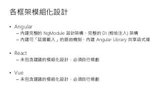 各框架模組化設計
• Angular
– 內建完整的 NgModule 設計架構、完整的 DI (相依注入) 架構
– 內建可「延遲載入」的路由機制、內建 Angular Library 共享函式庫
• React
– 未包含建議的模組化設計，必須自行規劃
• Vue
– 未包含建議的模組化設計，必須自行規劃
 