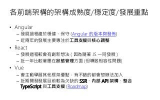 各前端架構的架構成熟度/穩定度/發展重點
• Angular
– 發展過程趨於穩健、保守 (Angular 的版本與發佈)
– 近兩年的發展主要專注於工具支援與核心調整
• React
– 發展過程較會有創新想法 ( 因為隨著 JS 一同發展 )
– 近一年比較著墨在狀態管理方面 (但導致相容性問題)
• Vue
– 會主動學習其他框架優點，有不錯的都會想辦法加入
– 近期開發發展目前較為欠缺的 SSR、內部 API 架構、整合
TypeScript 與工具支援 (Roadmap)
 