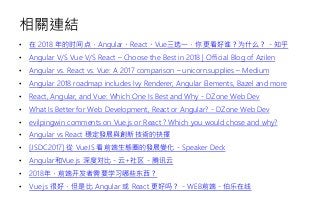 相關連結
• 在 2018 年的时间点，Angular、React、Vue三选一，你更看好谁？为什么？ - 知乎
• Angular V/S Vue V/S React – Choose the Best in 2018 | Official Blog of Azilen
• Angular vs. React vs. Vue: A 2017 comparison – unicorn.supplies – Medium
• Angular 2018 roadmap includes Ivy Renderer, Angular Elements, Bazel and more
• React, Angular, and Vue: Which One Is Best and Why - DZone Web Dev
• What Is Better for Web Development, React or Angular? - DZone Web Dev
• evilpingwin comments on Vue.js or React ? Which you would chose and why?
• Angular vs React 穩定發展與創新技術的抉擇
• [JSDC2017] 從 VueJS 看前端生態圈的發展變化 - Speaker Deck
• Angular和Vue.js 深度对比 - 云+社区 - 腾讯云
• 2018年，前端开发者需要学习哪些东西？
• Vue.js 很好，但是比 Angular 或 React 更好吗？ - WEB前端 - 伯乐在线
 