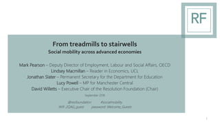 From treadmills to stairwells
Social mobility across advanced economies
1
Mark Pearson – Deputy Director of Employment, Labour and Social Affairs, OECD
Lindsey Macmillan – Reader in Economics, UCL
Jonathan Slater – Permanent Secretary for the Department for Education
Lucy Powell – MP for Manchester Central
David Willetts – Executive Chair of the Resolution Foundation (Chair)
September 2018
@resfoundation #socialmobility
Wifi: 2QAG_guest password: Welcome_Guests
 