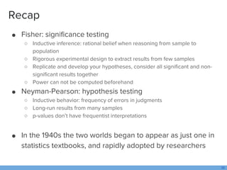 Recap
● Fisher: significance testing
○ Inductive inference: rational belief when reasoning from sample to
population
○ Rig...