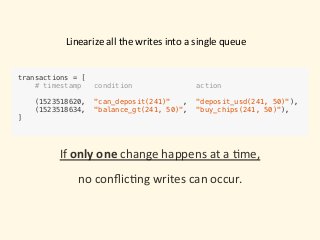 Linearize	all	the	writes	into	a	single	queue
transactions = [
# timestamp condition action
(1523518620, "can_deposit(241)" , "deposit_usd(241, 50)"),
(1523518634, "balance_gt(241, 50)", "buy_chips(241, 50)"),
]
If	only	one	change	happens	at	a	)me,	
no	conﬂic)ng	writes	can	occur.
 