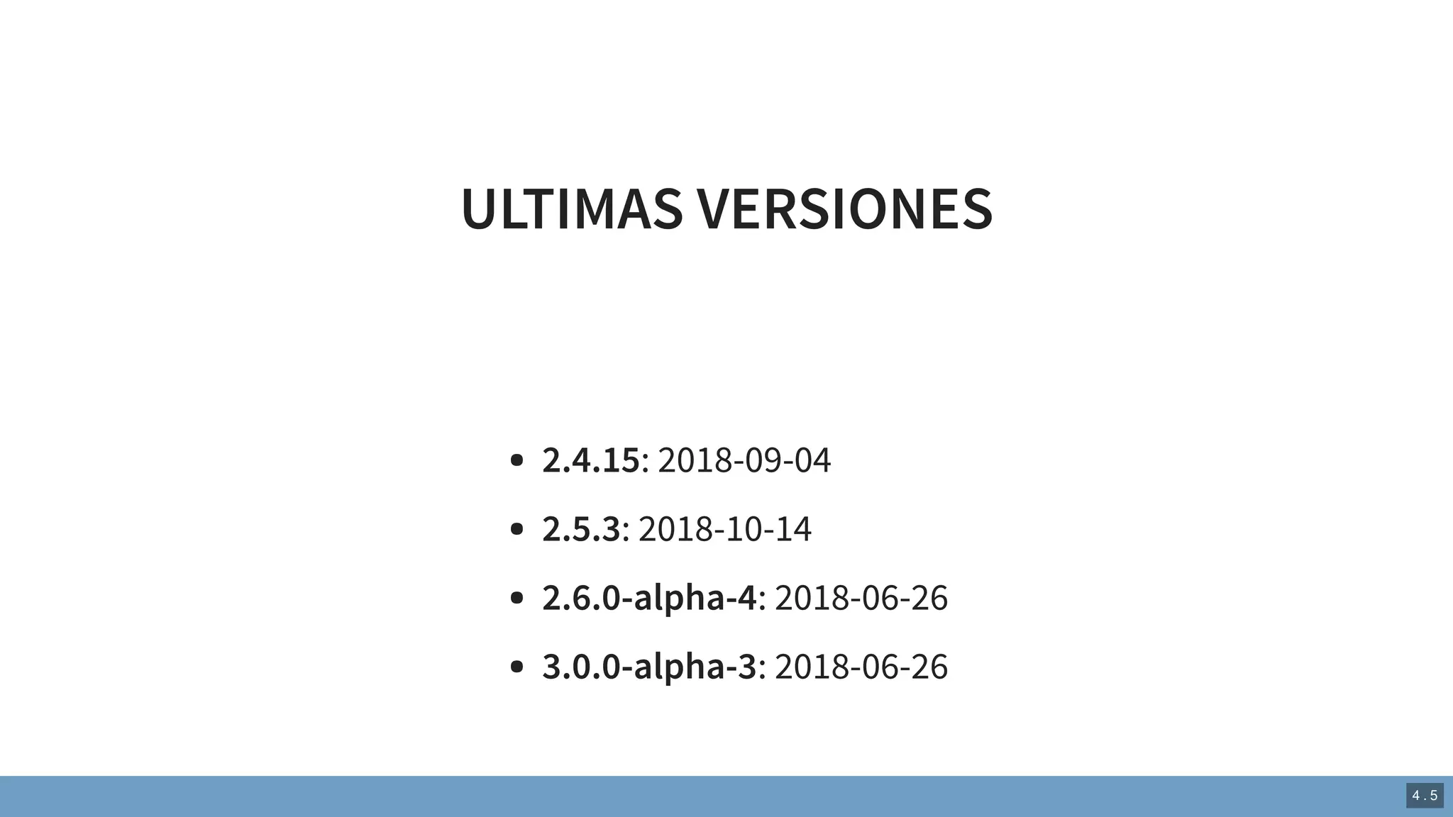 ULTIMAS VERSIONES
2.4.15: 2018-09-04
2.5.3: 2018-10-14
2.6.0-alpha-4: 2018-06-26
3.0.0-alpha-3: 2018-06-26
4 . 5
 