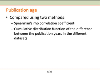 9/32
Publication age
• Compared using two methods
– Spearman's rho correlation coefficient
– Cumulative distribution funct...