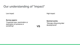 Our understanding of "impact"
Low impact High impact
vs
Survey papers:
"A general view, examination or
description of some...
