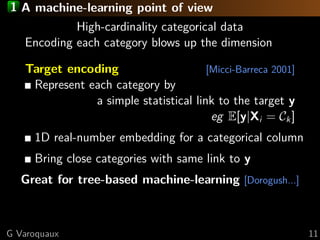 1 A machine-learning point of view
High-cardinality categorical data
Encoding each category blows up the dimension
Target encoding [Micci-Barreca 2001]
Represent each category by
a simple statistical link to the target y
eg E[y|Xi = Ck]
1D real-number embedding for a categorical column
Bring close categories with same link to y
Great for tree-based machine-learning [Dorogush...]
G Varoquaux 11
 