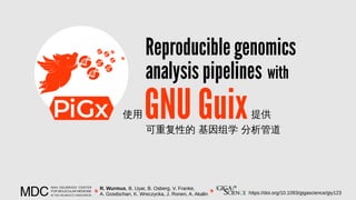 GNU Guix
Reproducible genomics
analysis pipelines with
使用
可重复性的 基因组学 分析管道
提供
R. Wurmus, B. Uyar, B. Osberg, V. Franke,
A. Gosdschan, K. Wreczycka, J. Ronen, A. Akalin https://doi.org/10.1093/gigascience/giy123
 
