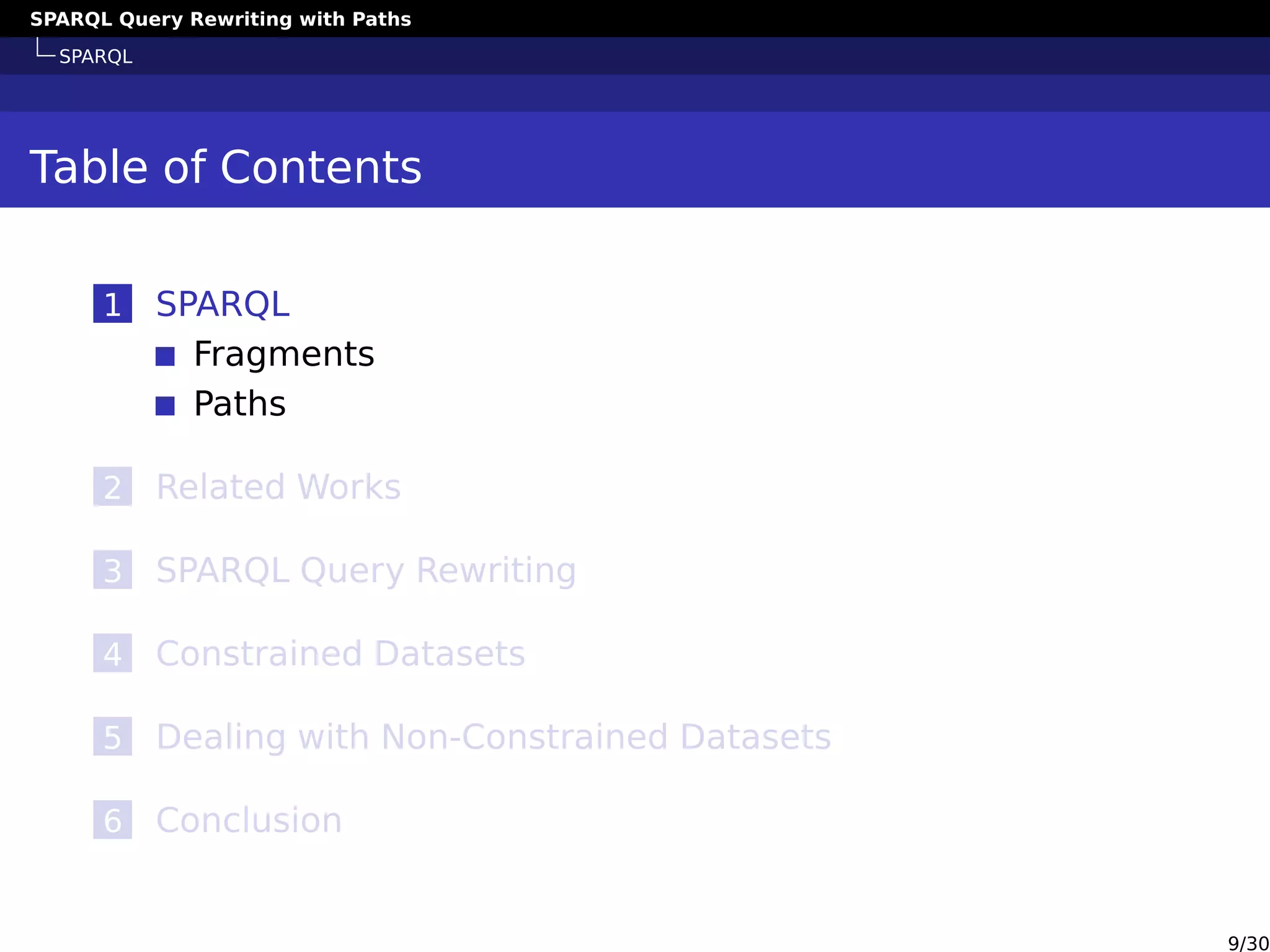 SPARQL Query Rewriting with Paths
SPARQL
Table of Contents
1 SPARQL
Fragments
Paths
2 Related Works
3 SPARQL Query Rewriting
4 Constrained Datasets
5 Dealing with Non-Constrained Datasets
6 Conclusion
9/30
 