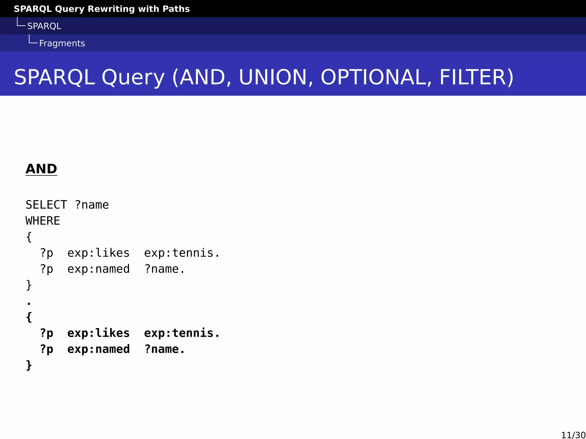 SPARQL Query Rewriting with Paths
SPARQL
Fragments
SPARQL Query (AND, UNION, OPTIONAL, FILTER)
AND
SELECT ?name
WHERE
{
?p exp:likes exp:tennis.
?p exp:named ?name.
}
.
{
?p exp:likes exp:tennis.
?p exp:named ?name.
}
11/30
 