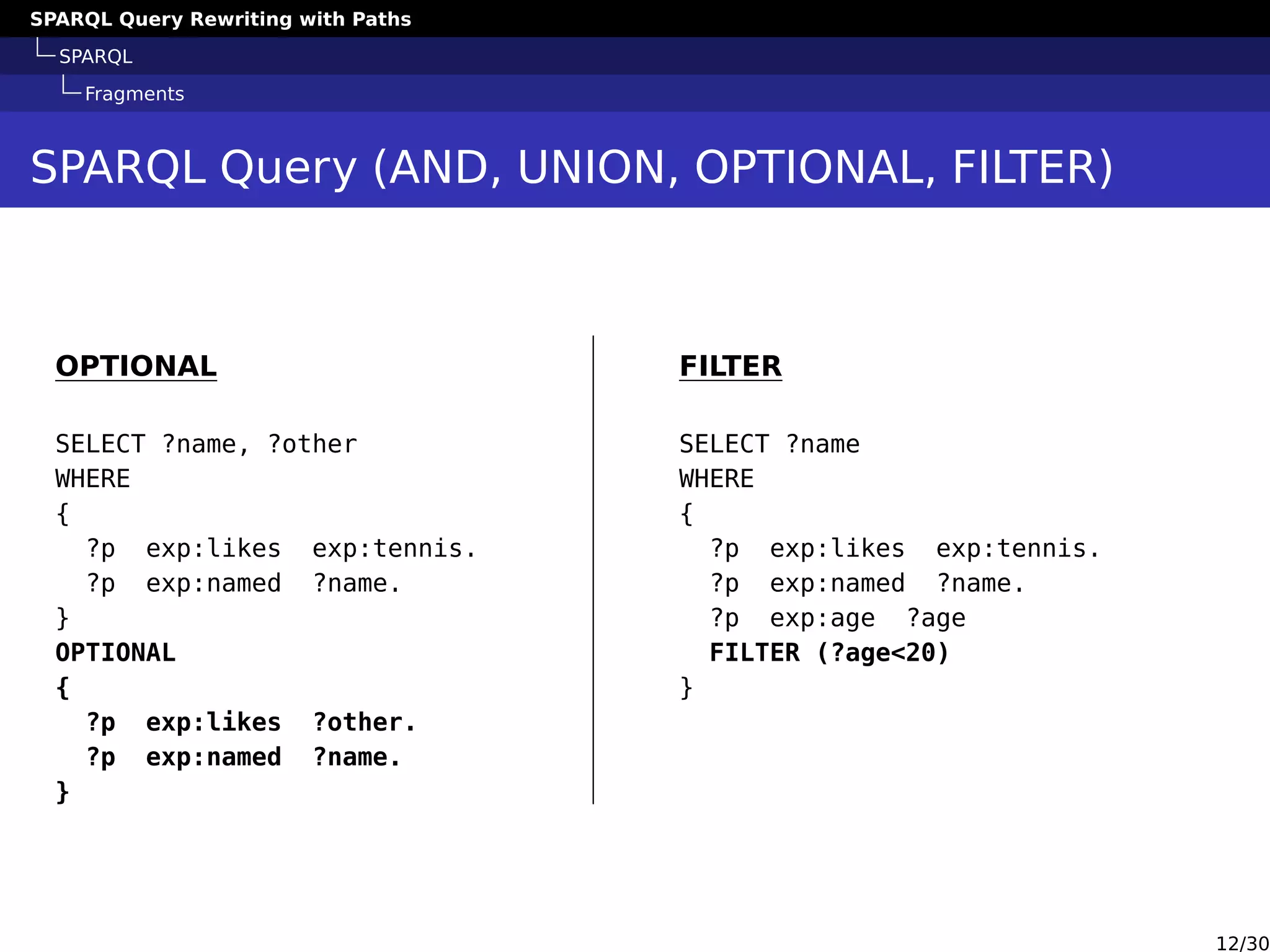 SPARQL Query Rewriting with Paths
SPARQL
Fragments
SPARQL Query (AND, UNION, OPTIONAL, FILTER)
OPTIONAL
SELECT ?name, ?other
WHERE
{
?p exp:likes exp:tennis.
?p exp:named ?name.
}
OPTIONAL
{
?p exp:likes ?other.
?p exp:named ?name.
}
FILTER
SELECT ?name
WHERE
{
?p exp:likes exp:tennis.
?p exp:named ?name.
?p exp:age ?age
FILTER (?age<20)
}
12/30
 