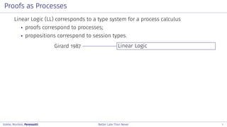 Proofs as Processes
Linear Logic (LL) corresponds to a type system for a process calculus
proofs correspond to processes;
propositions correspond to session types.
Girard 1987 Linear Logic
Kokke, Montesi, Peressotti Better Late Than Never 1
 