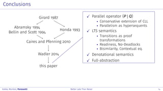Conclusions
Girard 1987
Abramsky 1994
Bellin and Scott 1994
Honda 1993
Caires and Pfenning 2010
Wadler 2014
this paper
Parallel operator (P | Q)
Conservative extension of CLL
Parallelism as hypersequents
LTS semantics
Transitions as proof
transformations
Readiness, No-Deadlocks
Bisimilarity, Contextual eq.
Denotational semantics
Full-abstraction
Kokke, Montesi, Peressotti Better Late Than Never 14
 