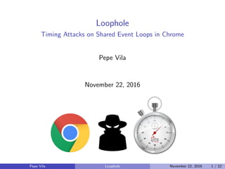 Loophole
Timing Attacks on Shared Event Loops in Chrome
Pepe Vila
November 22, 2016
Pepe Vila Loophole November 22, 2016 1 / 22
 