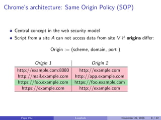 Chrome’s architecture: Same Origin Policy (SOP)
Central concept in the web security model
Script from a site A can not acc...