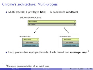 Chrome’s architecture: Multi-process
Multi-process: 1 privileged host — N sandboxed renderers
Each process has multiple threads. Each thread one message loop 2
2
Chrome’s implementation of an event loop
Pepe Vila Loophole November 22, 2016 9 / 22
 