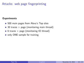 Attacks: web page ﬁngerprinting
Experiments
500 main pages from Alexa’s Top sites
30 traces × page (monitoring main thread...