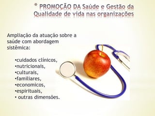 *
Ampliação da atuação sobre a
saúde com abordagem
sistêmica:
•cuidados clínicos,
•nutricionais,
•culturais,
•familiares,
•economicos,
•espirituais,
• outras dimensões.
 