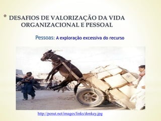 Pessoas: A exploração excessiva do recurso
http://penut.net/images/links/donkey.jpg
* DESAFIOS DE VALORIZAÇÃO DA VIDA
ORGANIZACIONAL E PESSOAL
 