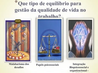 *Que tipo de equilíbrio para
gestão da qualidade de vida no
trabalho?
Malabarismo dos
desafios
Papéis psicossociais Integração
Biopsicossocial e
organizacional -
 