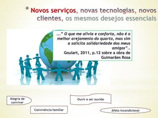 * Novos serviços
os mesmos desejos essenciais
Alegria de
conviver
Ouvir e ser ouvido
Afeto incondicionalConvivência familiar
...” O que me alivia e conforta, não é o
melhor arejamento do quarto, mas sim
a solicita solidariedade dos meus
amigos”..
Goulart, 2011, p.12 sobre a obra de
Guimarães Rosa
 