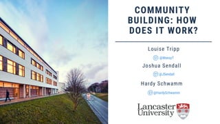 COMMUNITY
BUILDING: HOW
DOES IT WORK?
Louise Tripp
Joshua Sendall
Hardy Schwamm
@HardySchwamm
@JSendall
@WeesyT
 