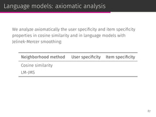 Language models: axiomatic analysis
We analyze axiomatically the user speciﬁcity and item speciﬁcity
properties in cosine similarity and in language models with
Jelinek-Mercer smoothing:
Neighborhood method User speciﬁcity Item speciﬁcity
Cosine similarity
LM-JMS
87
 