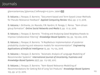 Journals
gitemizeitemize4 [gitemize,1] leftmargin=0.3cm+, label=
D. Valcarce, J. Parapar, Á. Barreiro. “Document-based and Term-based Linear Methods
for Pseudo-Relevance Feedback”. Applied Computing Review 18(4), pp. 5-17, 2018.
D. Valcarce, I. Brilhante, J.A. Macedo, F.M. Nardini, R. Perego, C. Renso. “Item-driven
group formation”. Online Social Networks and Media 8, pp. 17-31, 2018.
D. Valcarce, J. Parapar, Á. Barreiro. “Finding and Analysing Good Neighbourhoods to
Improve Collaborative Filtering”. Knowledge-Based Systems 159, pp. 193-202, 2018.
D. Valcarce, J. Parapar, Á. Barreiro. “A MapReduce implementation of posterior
probability clustering and relevance models for recommendation”. Engineering
Applications of Artiﬁcial Intelligence 75, pp. 114-124, 2018.
D. Valcarce, J. Parapar, Á. Barreiro. “Axiomatic Analysis of Language Modelling of
Recommender Systems”. International Journal of Uncertainty, Fuzziness and
Knowledge-Based Systems 25(2), pp. 113-128, 2017.
D. Valcarce, J. Parapar, Á. Barreiro. “Item-Based Relevance Modelling of
Recommendations for Getting Rid of Long Tail Products”. Knowledge-Based Systems
103, pp. 41-51, 2016. 123
 