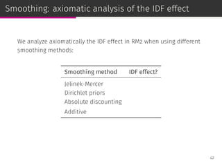 Smoothing: axiomatic analysis of the IDF effect
We analyze axiomatically the IDF effect in RM2 when using different
smoothing methods:
Smoothing method IDF effect?
Jelinek-Mercer
Dirichlet priors
Absolute discounting
Additive
42
 