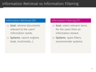 Information Retrieval vs Information Filtering
Information Retrieval (IR)
⊚ Goal: retrieve documents
relevant to the users’
information needs.
⊚ Systems: search engines
(web, multimedia...).
Information Filtering (IF)
⊚ Goal: select relevant items
for the users from an
information stream.
⊚ Systems: spam ﬁlters,
recommender systems.
4
 