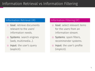 Information Retrieval vs Information Filtering
Information Retrieval (IR)
⊚ Goal: retrieve documents
relevant to the users’
information needs.
⊚ Systems: search engines
(web, multimedia...).
⊚ Input: the user’s query
(explicit).
Information Filtering (IF)
⊚ Goal: select relevant items
for the users from an
information stream.
⊚ Systems: spam ﬁlters,
recommender systems.
⊚ Input: the user’s proﬁle
(implicit).
4
 